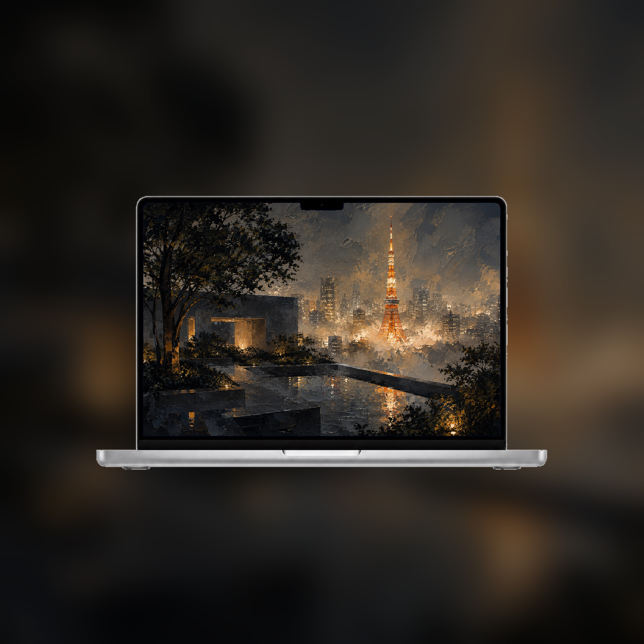 Tokyo Tower wallpaper displayed on a real MacBook